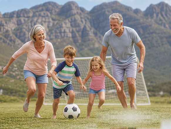 Grandparents and two children playing football